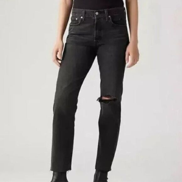 New Levi’s Wedgie Straight Distressed Button Up Raw Hem Jeans in Black size 24 - Picture 1 of 15